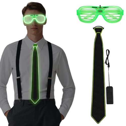 Alaoo 2 Stück LED Rave Outfit Accessories Set,Verdrahtet Neon Rave Brille und LED Krawatte,Neon-leuchtendes Party Supplies für Musik Festival,Halloween-Kostümparty,Weihnachtsgeschenke,Rave-Party,Grün von Alaoo