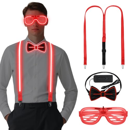 Alaoo 3 Stück LED Rave Outfit Accessories Set,Led Hosenträger Herren,Verdrahtet Neon Rave Brille LED Fliege Led Hosenträger,Neon-leuchtendes Party Supplies für Halloween-Kostümparty,Rave-Party,Rot Alaoo 3 Stück LED Rave Outfit Accessories Set,Led Hosenträger Herren,Verdrahtet Neon Rave Brille LED Fliege Led Hosenträger,Neon-leuchtendes Party Supplies für Halloween-Kostümparty,Rave-Party,Rot von Alaoo