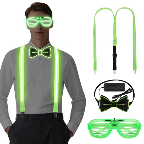 Alaoo 3 Stück LED Rave Outfit Accessories Set,Led Hosenträger Herren,Verdrahtet Neon Rave Brille LED Fliege Led Hosenträger,Neon-leuchtendes Party Supplies für Halloween-Kostümparty,Rave-Party,Grün Alaoo 3 Stück LED Rave Outfit Accessories Set,Led Hosenträger Herren,Verdrahtet Neon Rave Brille LED Fliege Led Hosenträger,Neon-leuchtendes Party Supplies für Halloween-Kostümparty,Rave-Party,Grün von Alaoo
