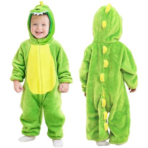 Alaoo Dinosaurier Overall Kinder,Winter Overall Kostüme Kinder,Weich Schlafanzug Einteiler Kinder,Niedlicher Dinosaurier Pyjama,Strampler Kapuze Flanel Nachtwäsche für Cosplay Kostüm Halloween,90 von Alaoo