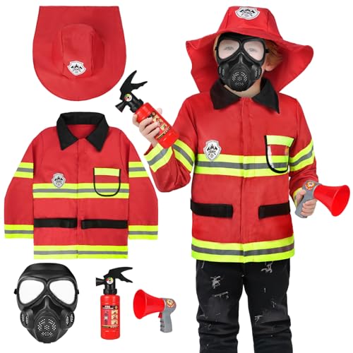 Alaoo Feuerwehr Rollenspiel Set,5 Teiliges Feuerwehr Kostüm Set für Kinder mit Jacke Feuerlöscher Hut Maske,Feuerwehrchef Cosplay Rollenspiel Spielzeug Zubehör für Karneval Halloween Fasching,120cm Alaoo Feuerwehr Rollenspiel Set,5 Teiliges Feuerwehr Kostüm Set für Kinder mit Jacke Feuerlöscher Hut Maske,Feuerwehrchef Cosplay Rollenspiel Spielzeug Zubehör für Karneval Halloween Fasching,120cm von Alaoo