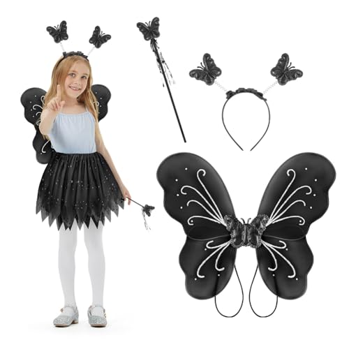 Alaoo Fun Play Feen Kostüm Kinder,3 Stück Kostüm Schmetterling Kinder mit Schmetterlingsflügel Zauberstab und Haarreifen für Geburtstagsfeier,Cosplay,Mottoparty,Karneval,Halloween,Schwarz,Klein von Alaoo