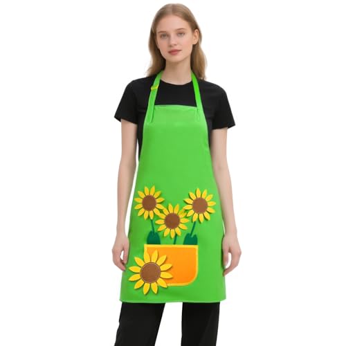Alaoo Gärtnerschürze, DIY Gartenschürze Kostüm, Grün Gärtnerin Kostüm mit Sonnenblumen- und Wiese Applikationen, Unisex Design für Karneval und Mottopartys (Erwachsene) von Alaoo