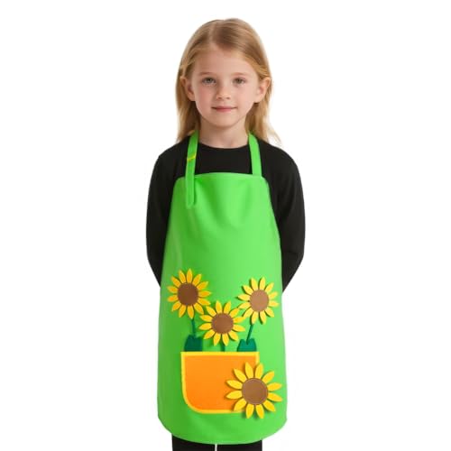 Alaoo Gärtnerschürze, DIY Gartenschürze Kostüm, Grün Gärtnerin Kostüm mit Sonnenblumen- und Wiese Applikationen, Unisex Design für Karneval und Mottopartys (Kinder) von Alaoo