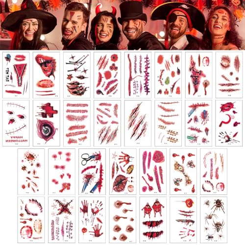 Alaoo Halloween Tattoo Wunden,30 Stück Halloween Temporäre Tätowierung Aufkleber,Narben Wunden Tattoo Blutige Wunde Fake Blood Makeup Aufkleber für Halloween Requisiten Cosplay Party Narben Tattoo von Alaoo