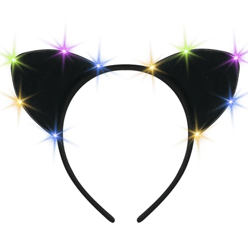Alaoo Katzenohren Haarreif, Katzenohr Stirnbänder mit Lichtern, Katzen Kostüm für Halloween Haarschmuck, Kopfschmuck, Karneval, Fasching, Mottoparty (Schwarz) von Alaoo