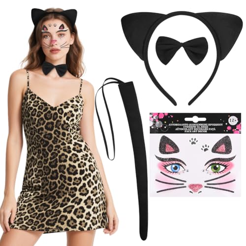 Alaoo Katzenohren Haarreif, Ostern Katzenohren Stirnband Set mit Gesichtsaufkleber, Schwanz, Fliege, Easter Katzen Ears für Erwachsene und Kinder Ostern Party Kostüm Cosplay, Ostergeschenke Decor von Alaoo