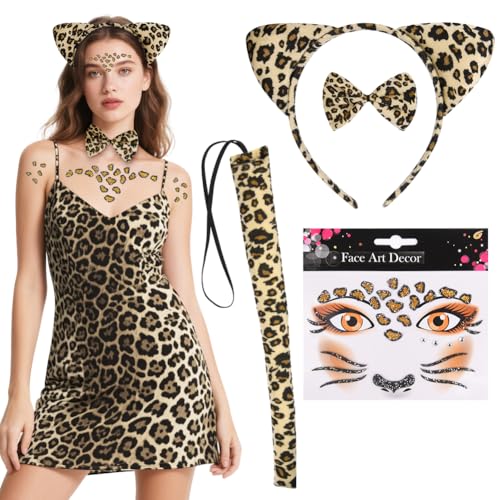Alaoo Leopardenohren Haarreif, Ostern Leopardenohren Stirnband Set mit Gesichtsaufkleber, Schwanz, Fliege, Easter Leopard Ears für Erwachsene und Kinder Ostern Party Kostüm Cosplay von Alaoo