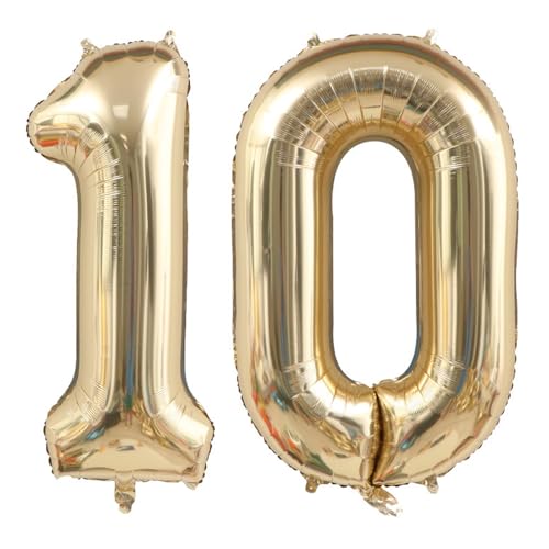 Alaoo Luftballon 10 Geburtstag Zahl, 40 Zoll Gold Creme Folienballon, Riesenzahl Ballon für Mädchen Junge Geburtstag Party Dekoration Jahrestag Dekorationen von Alaoo