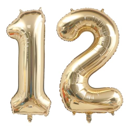 Alaoo Luftballon 12 Geburtstag Zahl, 40 Zoll Gold Creme Folienballon, Riesenzahl Ballon für Mädchen Junge Geburtstag Party Dekoration Jahrestag Dekorationen von Alaoo
