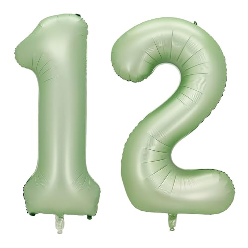 Alaoo Luftballon 12 Geburtstag Zahl, 40 Zoll Olivgrün Creme Folienballon, Riesenzahl Ballon für Mädchen Junge Geburtstag Party Dekoration Jahrestag Dekorationen von Alaoo