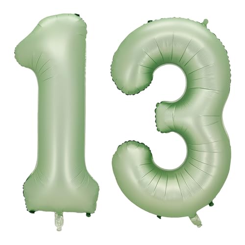 Alaoo Luftballon 13 Geburtstag Zahl, 40 Zoll Olivgrün Creme Folienballon, Riesenzahl Ballon für Mädchen Junge Geburtstag Party Dekoration Jahrestag Dekorationen von Alaoo