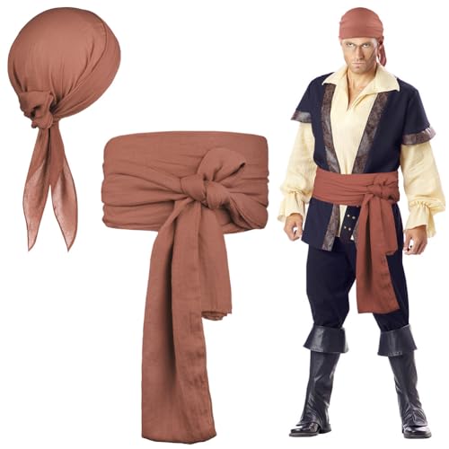 Alaoo Piraten Accessoires Set, 2 Stück Set Piratenkapitän Kostümzubehör, Piraten-Stirnbänder, Gürtel, für Karneval, Cosplay, Party, Halloween(Dunkelbraun) von Alaoo