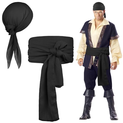 Alaoo Piraten Accessoires Set, 2 Stück Set Piratenkapitän Kostümzubehör, Piraten-Stirnbänder, Gürtel, für Karneval, Cosplay, Party, Halloween(Schwarz) von Alaoo