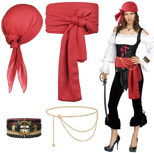 Alaoo Piraten Accessoires Set, 4 PCS Piraten Stirnband Taillengürtel,Piraten-Design-Accessoires für Karneval, Cosplay, Party, Halloween Kinder Frauen Männer(Rot) von Alaoo