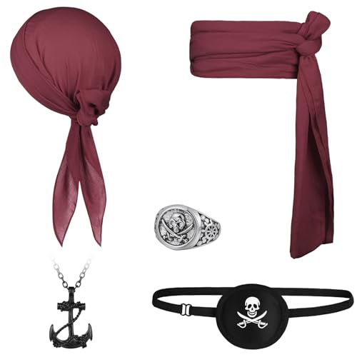 Alaoo Piraten Accessoires Set, 5 Stück Set Piratenkapitän Kostümzubehör, Piraten-Stirnbänder, Gürtel, Augenmasken und andere Accessoires, für Karneval, Cosplay, Party, Halloween(Weinrot) von Alaoo