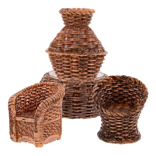 Alasum 1 Satz Mini-Tisch- und Stuhlmodell Dekoration Bambustopf Mikro-Landschaftsornamente Hausmodell Rattan stühle dekoartikel Puppenmöbel Puppenhausmöbel Harz Light Brown von Alasum