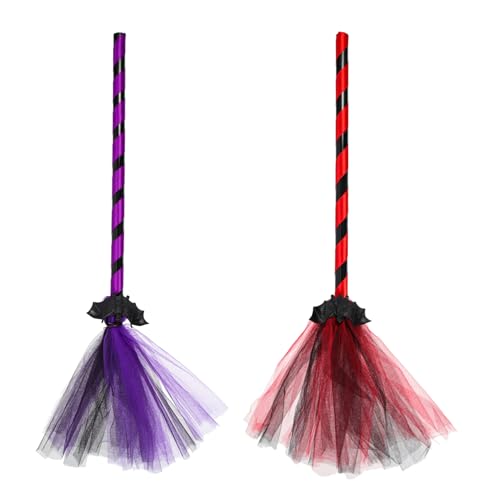 Alasum 2 Stück Halloween Hexenbesen Deko Props mit Netz und Tüll für Kostümpartys Rote und Besen für Gruselige Feiern und Kreative Halloween Dekoration von Alasum
