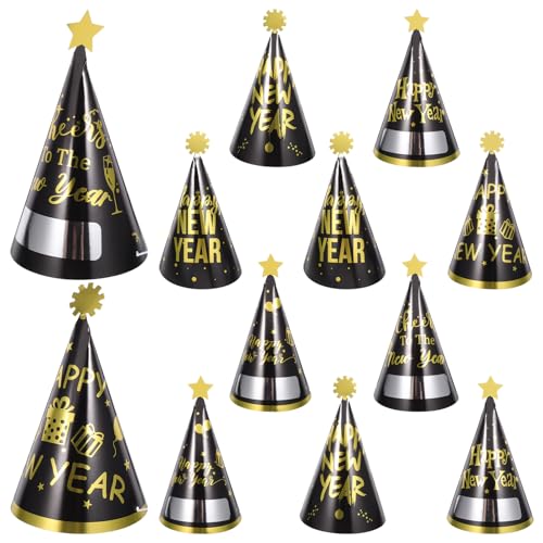 Alasum 2024 Neujahrsparty-Hüte 12 Stück Schwarzgold Frohes Neues Jahr Papierkegelhüte Silvester-Partyzubehör Für Silvester Weihnachten Partygeschenke von Alasum