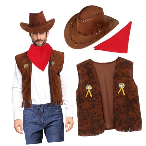 Alasum Cowboy Kostüm Set für Männer Western Outfit mit Weste Hut und Bandana für Halloween und Karneval Xl und Einzigartiges Design Verschiedene von Alasum