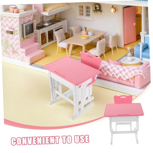 Alasum Miniatur Klassenzimmer Möbel Set Lernschreibtisch mit Stuhl Rosa Puppenhaus Zubehör Kompakt Multifunktional Fördert Fantasie und Feinmotorik Spieldekoration von Alasum