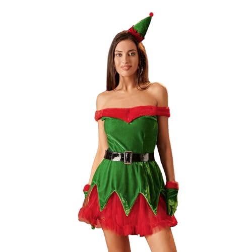 Alaurbeauty 3 Pack Damen Weihnachtskostüm Cosplay Kostüm, Frauen Cosplay Weihnachten Off Shoulder Kleid mit Santa Hut, Handschuhe (Grün, One Size) von Alaurbeauty
