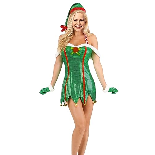 Alaurbeauty 3 Stück Weihnachten Elf Kostüm Set，Damen Fee Kostüm Cosplay Waldfee Prinzessin Kleid mit Hut Handschuhe für Xmas Party (consume, Grün, L) von Alaurbeauty