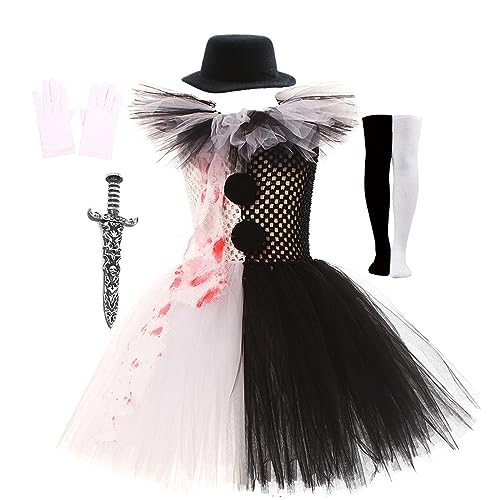 Alaurbeauty Anime Terrifier Cosplay Puffy Kleid Socken Mädchen Kunst Clown Terrifier Kostüm Tutu Rock Kinder Mädchen Halloween Clown Kostüm Set (Black White, S) von Alaurbeauty
