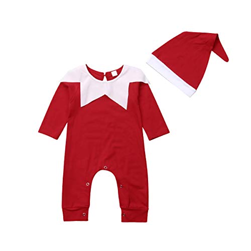 Alaurbeauty Baby Junge Mädchen Weihnachtsmann Kostüme Säugling Mein erstes Weihnachtsoutfit Langarm Strampler Overall mit Weihnachtsmütze (Red, 12-18 Months) von Alaurbeauty