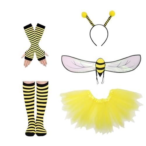 Alaurbeauty Bienenkostüm-Set, Gelbes Bienenkostüm, Tutu für Damen, Queen Bopper, Antennen-Stirnband, Tutu-Rock für Halloween-Kostüm, Honigbiene, Tiere, Party, Cosplay (Yellow, 5Pcs Set) von Alaurbeauty