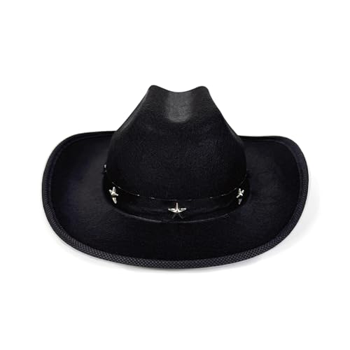Alaurbeauty Cowgirlhut für Kinder, breite Krempe, stilvolles Stern-Ledergürtel-Design, Westernmütze für Kinder, Mädchen, Jungen, Kleinkinder, Filz-Westernhut (Black, ONE SIZE) von Alaurbeauty