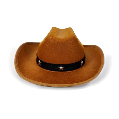 Alaurbeauty Cowgirlhut für Kinder, breite Krempe, stilvolles Stern-Ledergürtel-Design, Westernmütze für Kinder, Mädchen, Jungen, Kleinkinder, Filz-Westernhut (Khaki, ONE SIZE) von Alaurbeauty