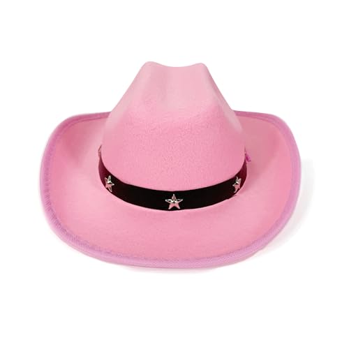 Alaurbeauty Cowgirlhut für Kinder, breite Krempe, stilvolles Stern-Ledergürtel-Design, Westernmütze für Kinder, Mädchen, Jungen, Kleinkinder, Filz-Westernhut (Pink, ONE SIZE) von Alaurbeauty