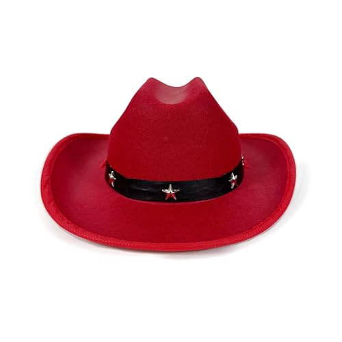 Alaurbeauty Cowgirlhut für Kinder, breite Krempe, stilvolles Stern-Ledergürtel-Design, Westernmütze für Kinder, Mädchen, Jungen, Kleinkinder, Filz-Westernhut (Red, ONE SIZE) von Alaurbeauty