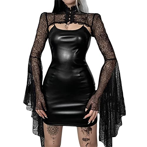 Alaurbeauty Damen Gothic Punk Outfits Halloween Kostüm, Durchsichtiges Mesh Flared Crop Tops + Kunstleder Bodycon Pencil Mini Dress Aesthetic PU Kleid 2er Set Party (Schwarz, L) von Alaurbeauty
