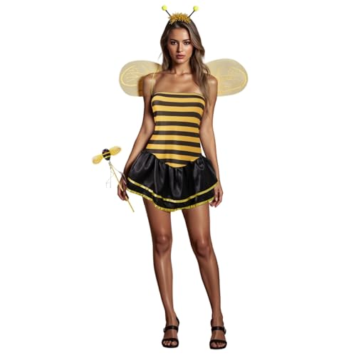 Alaurbeauty Damen-Halloween-Bienenkostüm, süßes gestreiftes Tube-Top-Kleid mit Flügeln, Outfits, Hummel-Mottoparty, Kostüm (Yellow, XL) von Alaurbeauty