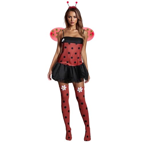 Alaurbeauty Damen-Halloween-Insektenkostüm, süßes Bienen-Marienkäfer-Kleid und Flügel-Stirnband-Set für Weihnachts-Cosplay-Party-Outfits (Black, S) von Alaurbeauty