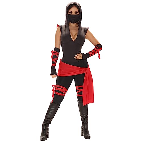 Alaurbeauty Damen Halloween Kostüme Schwarzer Bandage Bodysuit mit Kapuze Tödlicher Ninja Kostüm mit Arm Ärmeln Cosplay Party Outfits (consume, Schwarz, L) von Alaurbeauty