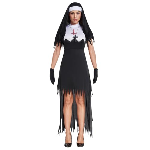 Alaurbeauty Damen Halloween Nonnenkostüm Erwachsene Mutter Oberin Krankenschwester Kostüm Schwarz Pries Mary Pries Cosplay Outfits Dress Up (Black, XXL) von Alaurbeauty