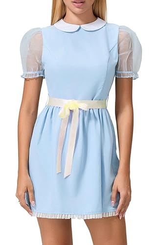Alaurbeauty Damen Mädchen Blau Zwillingskleid Halloween Kostüm Gruselige Zwillinge Puffärmel Kurzes Kleid Maid Lolita Kleid mit Gürtel (Light Yellow, L) von Alaurbeauty