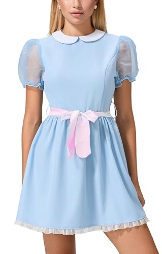 Alaurbeauty Damen Mädchen Blau Zwillingskleid Halloween Kostüm Gruselige Zwillinge Puffärmel Kurzes Kleid Maid Lolita Kleid mit Gürtel (Mixed Color, M) von Alaurbeauty