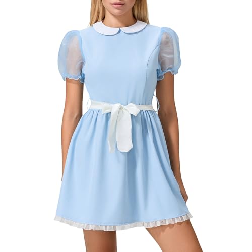 Alaurbeauty Damen Mädchen Blau Zwillingskleid Halloween Kostüm Gruselige Zwillinge Puffärmel Kurzes Kleid Maid Lolita Kleid mit Gürtel (Yellow, L) von Alaurbeauty