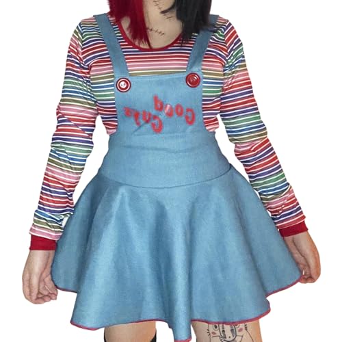 Alaurbeauty Damen Teufelskostüm, Halloween, Cosplay, langärmelig, gestreiftes Oberteil und Hosenträgerrock (Blue, M) von Alaurbeauty