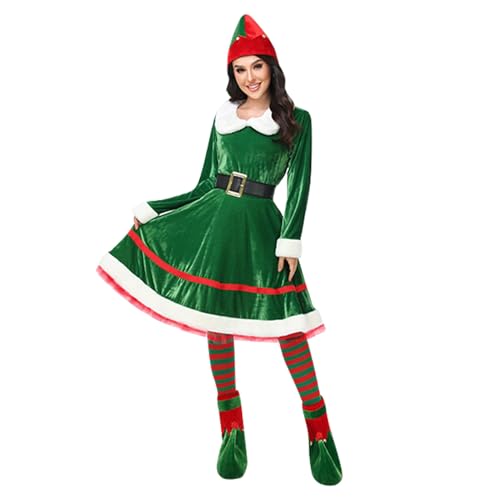 Alaurbeauty Damen Weihnachten Elf Kostüm Set mit Samt Kleid Gürtel für Cosplay (Grün, L) von Alaurbeauty