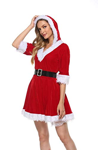 Alaurbeauty Damen Weihnachten Kostüm Neckholder Sexy Minikleid Partykleid Nikolaus Weihnachtsfrau Kostüm Miss Santa Kleid Weihnachtskleider (Rot, M) von Alaurbeauty