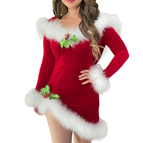 Alaurbeauty Damen Weihnachten Santa Kostüm, Sexy Plüsch Trim Minikleid Partykleid Nikolaus Weihnachtsfrau Kostüm Miss Santa Kleid Weihnachtskleider für Cosplay (Dress, Rot, L) von Alaurbeauty