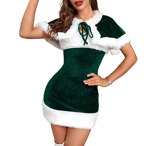 Alaurbeauty Damen Weihnachtsfrau Kostüm, Weihnachten Kostüme pelzigen Kleidern mit Schal Santa Hut Set für Cosplay Rollenspiel Party (Green, M) von Alaurbeauty