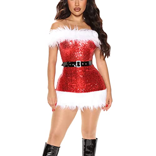 Alaurbeauty Damen Weihnachtskleider Plüsch Off Shoulder Sparkly Pailletten Bodycon Miss Santa Kleid mit Gürtel Weihnachtsmann Cosplay Party Kostüm (Dress, Rot, XL) von Alaurbeauty