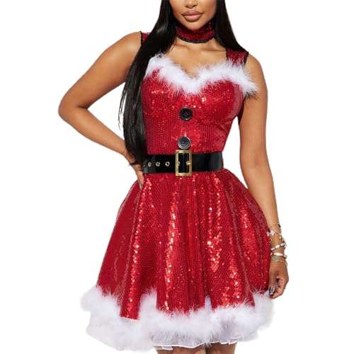 Alaurbeauty Damen Weihnachtsmann Kostüm Miss Santa Cosplay Kostüm Outfit A Line Partykleid Weihnachtsmannkleid Paillettenpelz Patchwork Gürtel Slip Partykleid (Dress, Rot, S) von Alaurbeauty