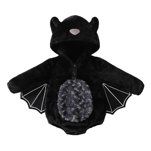 Alaurbeauty Fledermauskostüm für Baby Jungen Mädchen Halloweenkostüme Warmes Fledermaus-Outfit mit Kapuze Baby-Halloweenkleidung 3 6 12 18 Monate (Black, 12-18 Months) von Alaurbeauty
